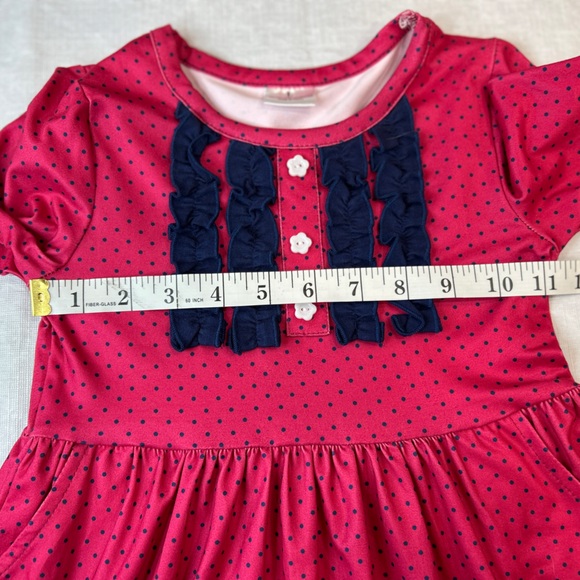 Girls Pink Polka Dot Long Sleeve Dress Ruffle Hem & Navy Ruffle Front Size L - Picture 2 of 5